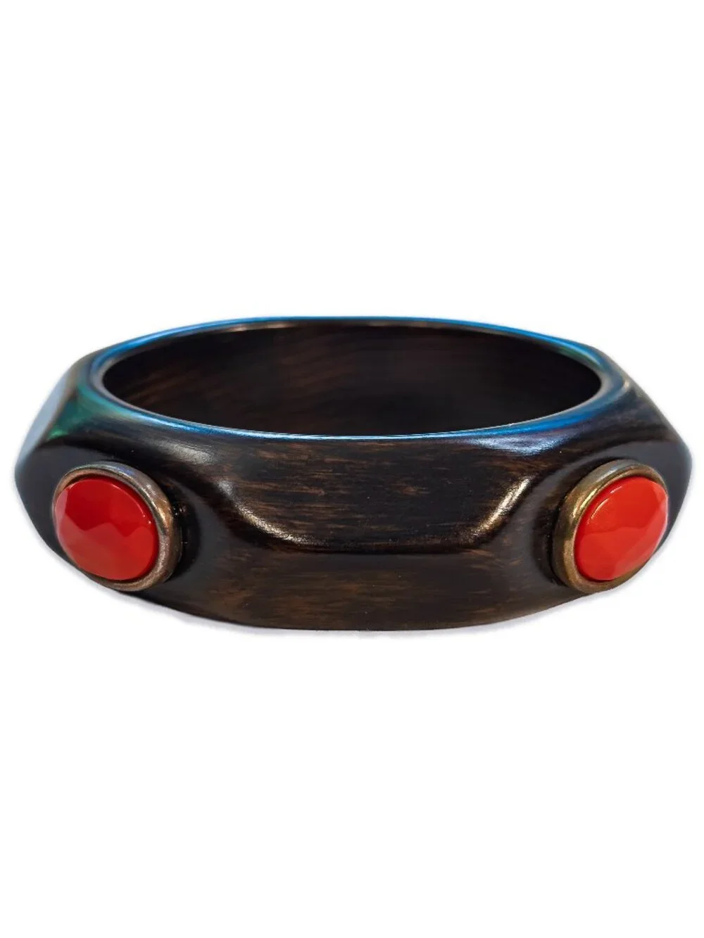 Lucite Faux Wood Bangle Fashion Bracelet with Red Cabochon Inlays